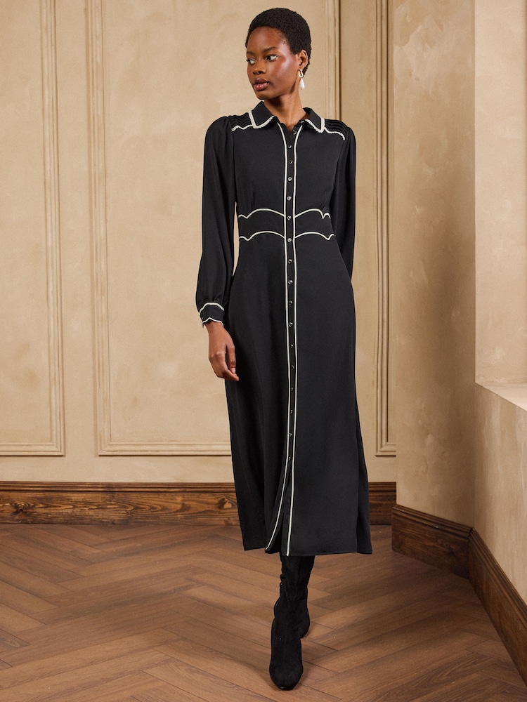 Love & Roses Black Tipped Collared Button Down Midi Dress - Image 1 of 4 Love & Roses Black Tipped Collared Button Down Midi Dress - Image 1 of 4