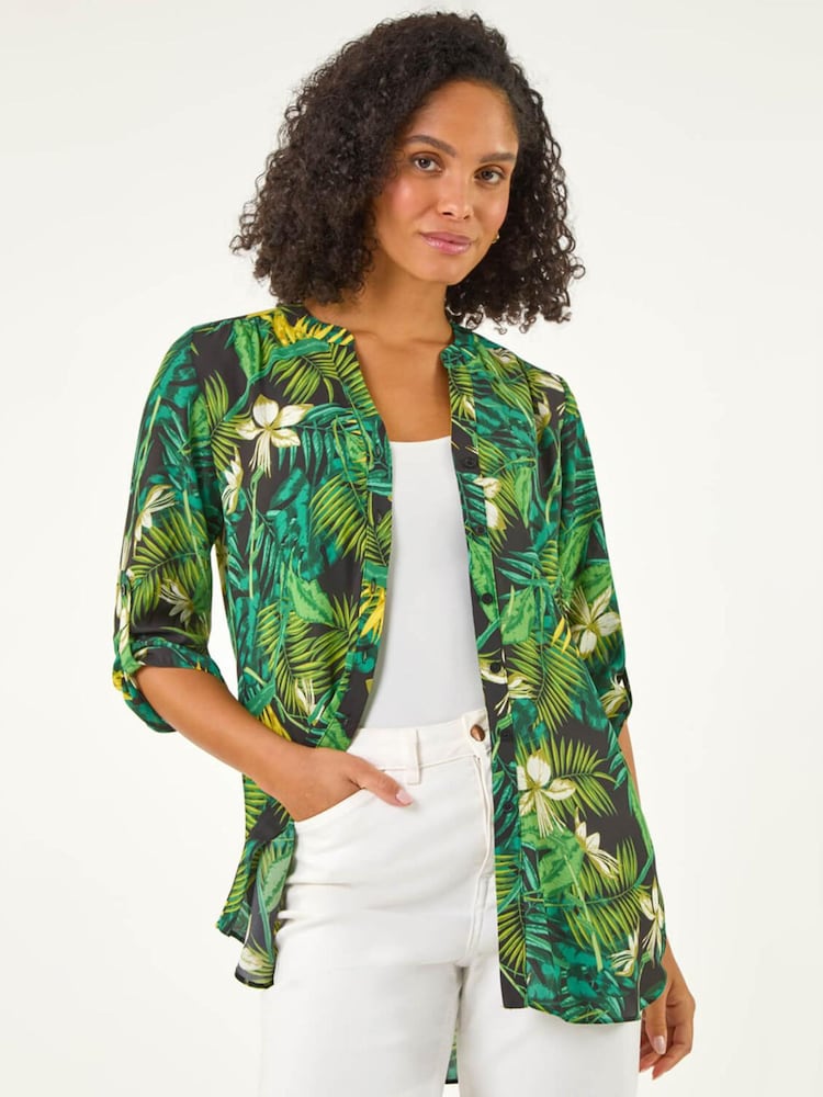 Roman Green Tropical Print Woven Overshirt - Image 1 of 5 Roman Green Tropical Print Woven Overshirt - Image 1 of 5