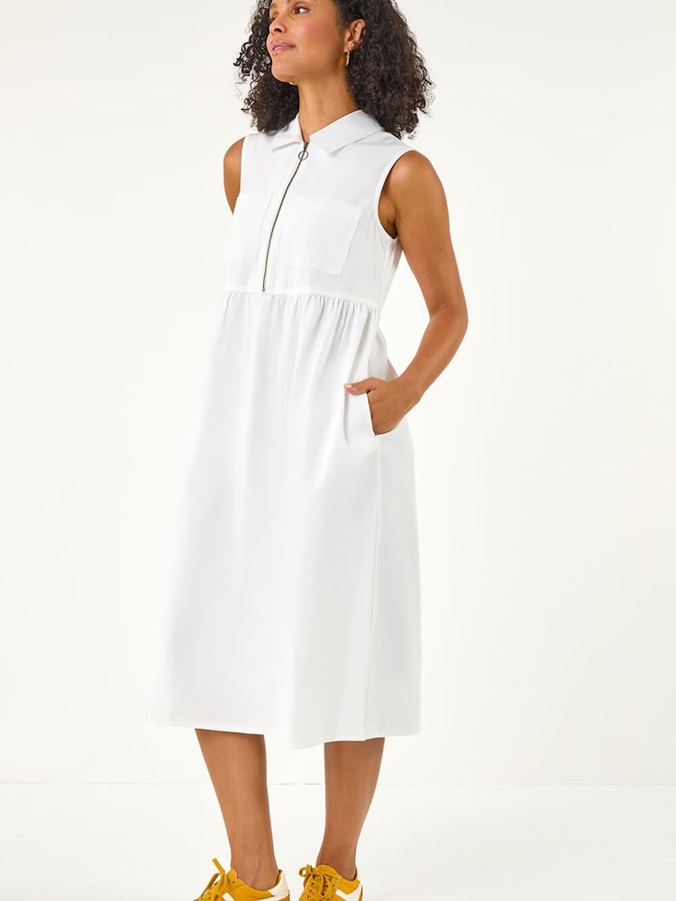Roman White Collared Zip Front Midi Dress - Image 2 of 5