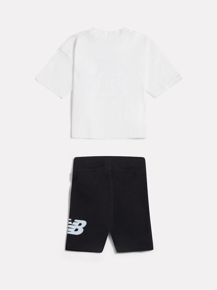 New Balance White Stacked Logo T-Shirt and Cycle Shorts Set - Image 2 of 3 New Balance White Stacked Logo T-Shirt and Cycle Shorts Set - Image 2 of 3