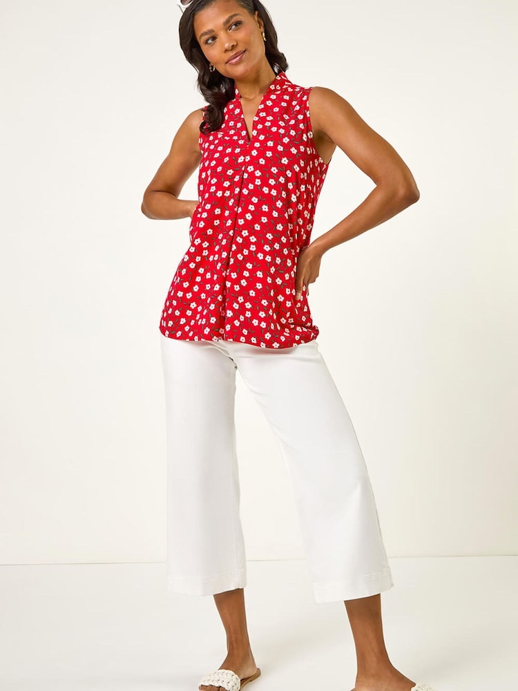Roman Red Floral Pleat Front Vest Top - Image 2 of 5