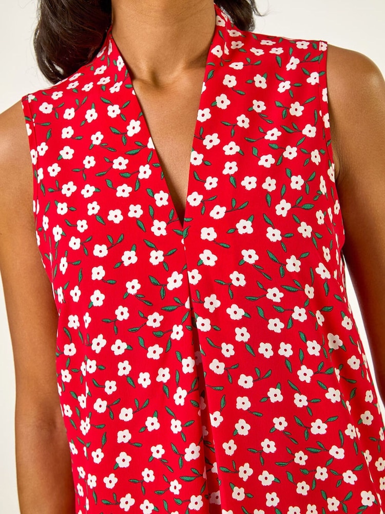 Roman Red Floral Pleat Front Vest Top - Image 5 of 5