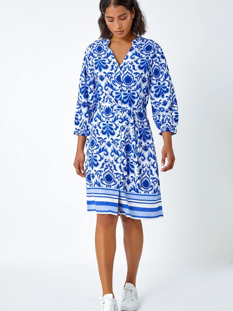 Roman Blue Abstract Border Print Shirt Dress - Image 1 of 5