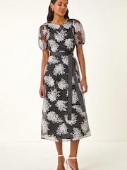 Roman Black Floral Organza Belted Dress - Image 1 of 5