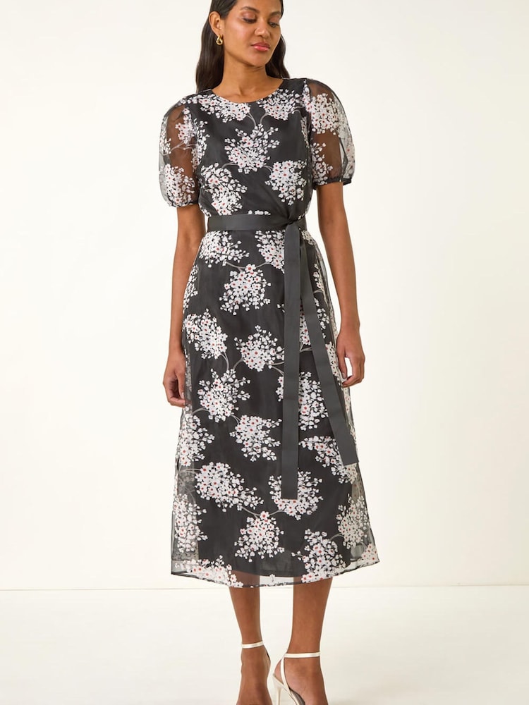 Roman Black Floral Organza Belted Dress - Image 1 of 5
