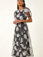 Roman Black Floral Organza Belted Dress - Image 2 of 5