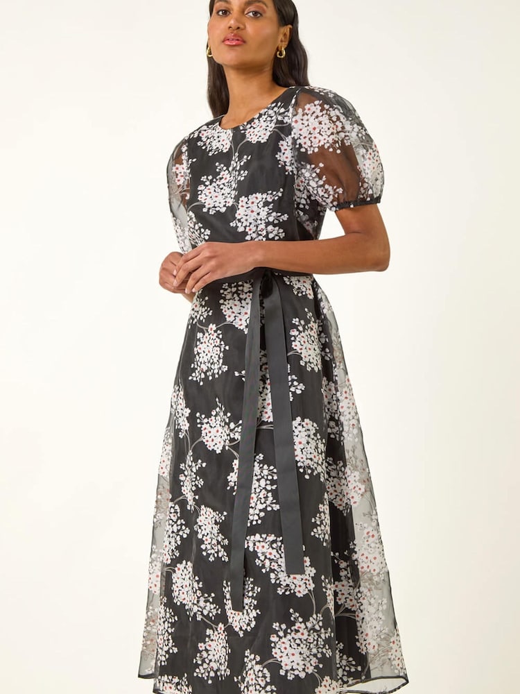 Roman Black Floral Organza Belted Dress - Image 2 of 5