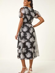 Roman Black Floral Organza Belted Dress - Image 3 of 5