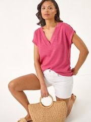 Roman Pink Bubble Crepe V-Neck Stretch T-Shirt - Image 1 of 5