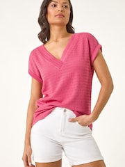 Roman Pink Bubble Crepe V-Neck Stretch T-Shirt - Image 4 of 5