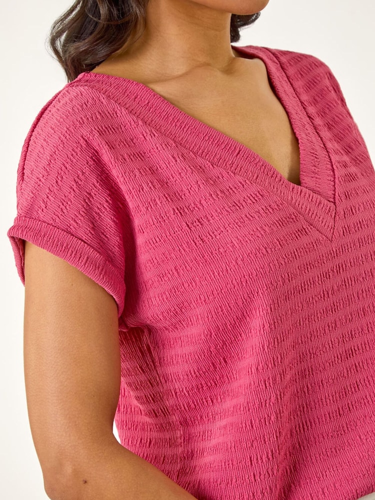 Roman Pink Bubble Crepe V-Neck Stretch T-Shirt - Image 5 of 5 Roman Pink Bubble Crepe V-Neck Stretch T-Shirt - Image 5 of 5