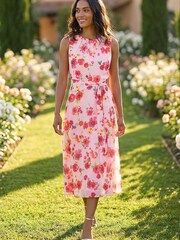 Roman Pink Floral Pleated Chiffon Midi Dress - Image 1 of 5