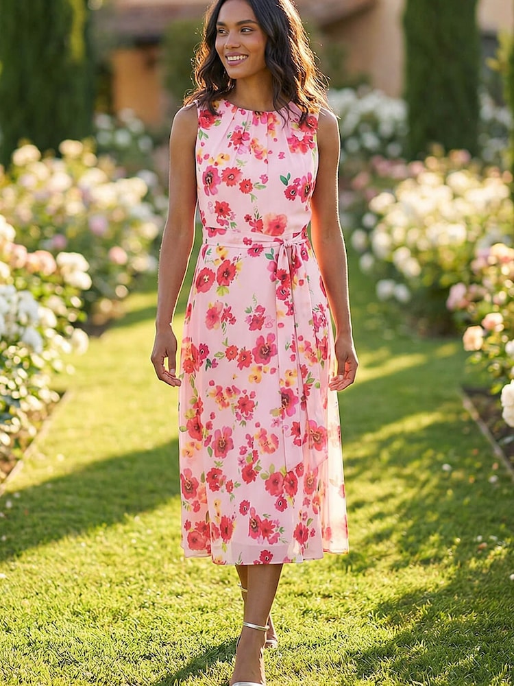 Roman Pink Floral Pleated Chiffon Midi Dress - Image 1 of 5