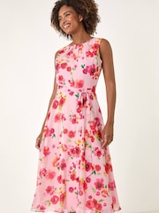 Roman Pink Floral Pleated Chiffon Midi Dress - Image 3 of 5
