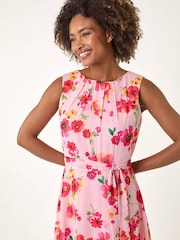 Roman Pink Floral Pleated Chiffon Midi Dress - Image 5 of 5