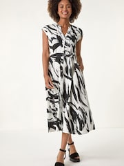 Roman Black Brushstroke Linen Mix Midi Dress - Image 1 of 5