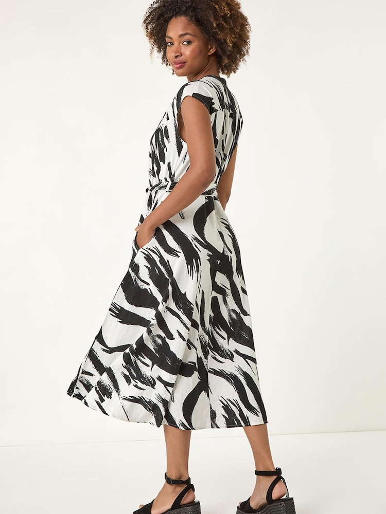 Roman Black Brushstroke Linen Mix Midi Dress - Image 2 of 5