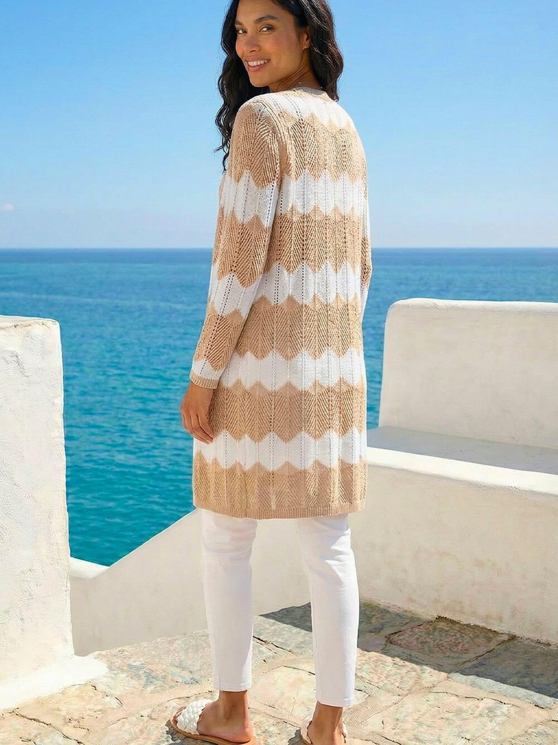 Buy Roman Natural Chevron Stripe Shimmer Longline Cardigan from