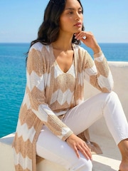 Roman Natural Chevron Stripe Shimmer Longline Cardigan - Image 3 of 5