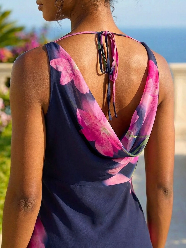 Roman Blue Floral Print Cowl Neck Midi Dress - Image 5 of 5 Roman Blue Floral Print Cowl Neck Midi Dress - Image 5 of 5