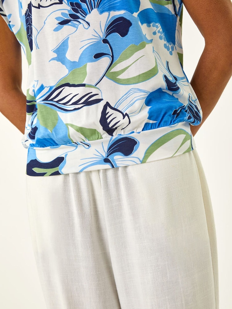Roman Blue Floral Print Bubble Hem Top - Image 5 of 5