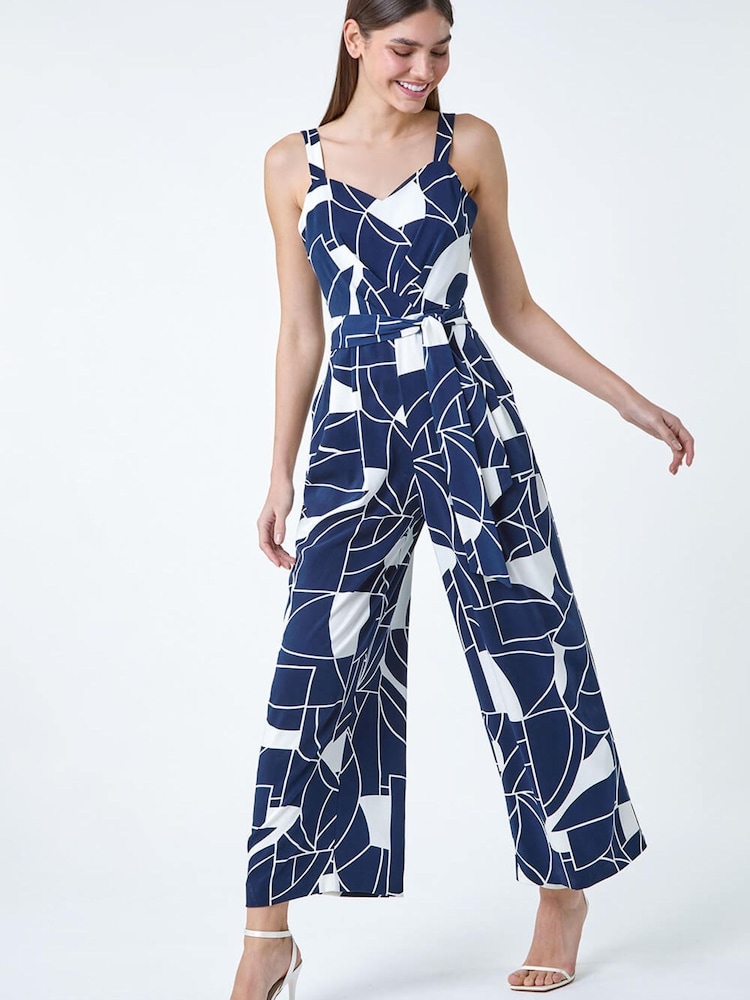 Roman Blue Abstract Print Pocket Jumpsuit - Image 2 of 5 Roman Blue Abstract Print Pocket Jumpsuit - Image 2 of 5