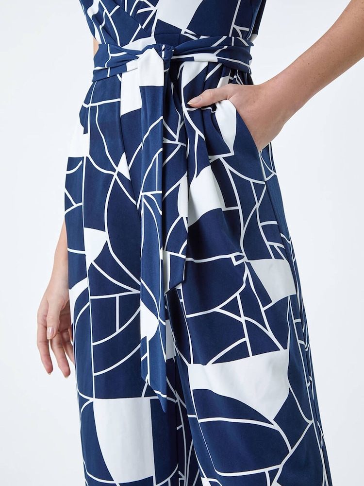 Roman Blue Abstract Print Pocket Jumpsuit - Image 5 of 5 Roman Blue Abstract Print Pocket Jumpsuit - Image 5 of 5