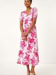 Roman Pink Floral Print Button Through Midi Dress - Image 4 of 5