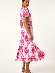Roman Pink Floral Print Button Through Midi Dress - Image 5 of 5
