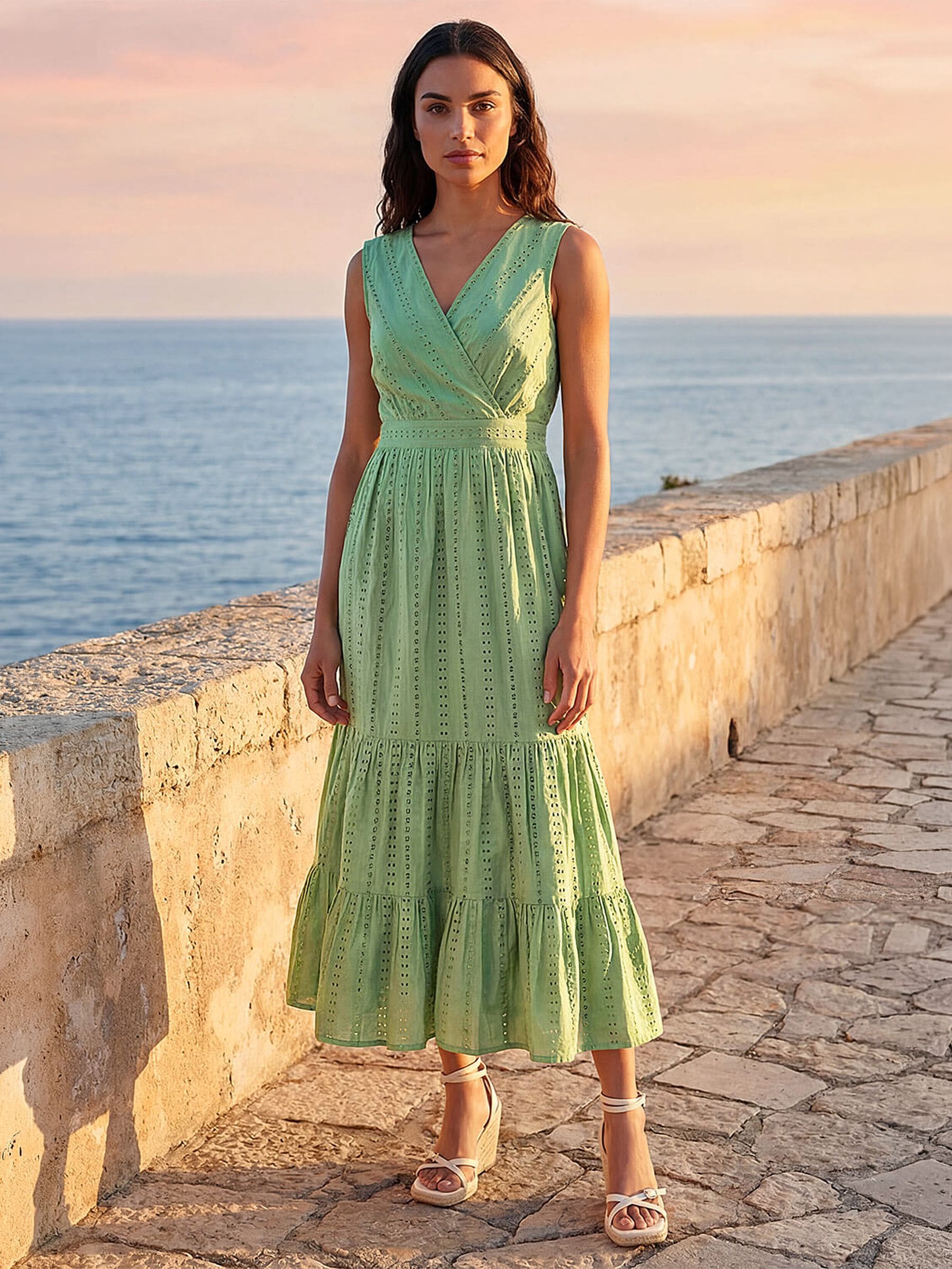 Roman Women's Green Embroidered V-Neck Midi Dress