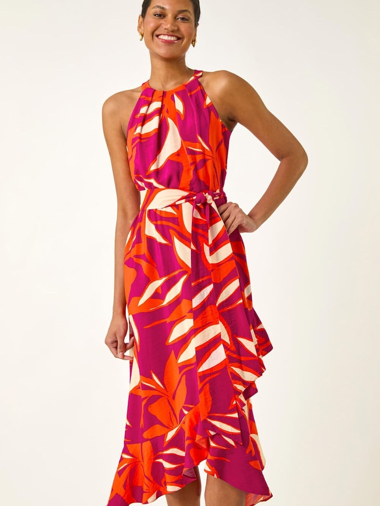 Roman Pink Floral Print Frill Wrap Midi Dress - Image 1 of 5