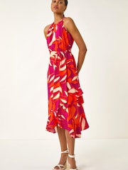 Roman Pink Floral Print Frill Wrap Midi Dress - Image 2 of 5