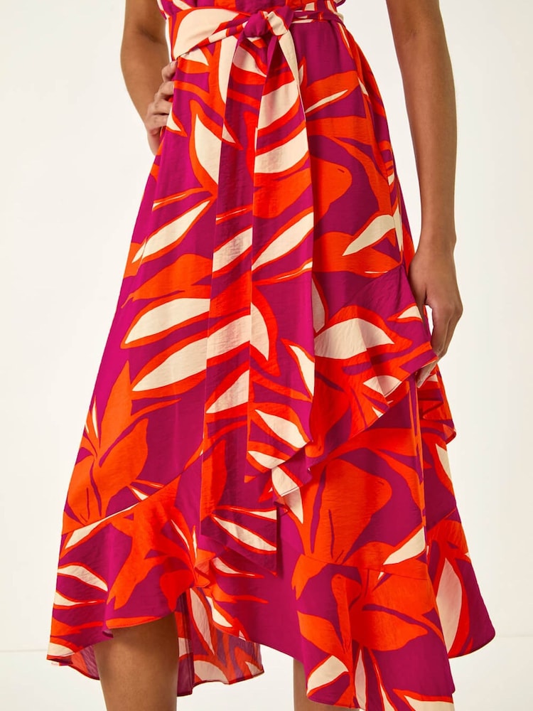 Roman Pink Floral Print Frill Wrap Midi Dress - Image 5 of 5