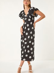 Roman Black Floral Print Frill Midi Dress - Image 1 of 5