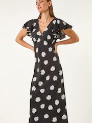 Roman Black Floral Print Frill Midi Dress - Image 2 of 5