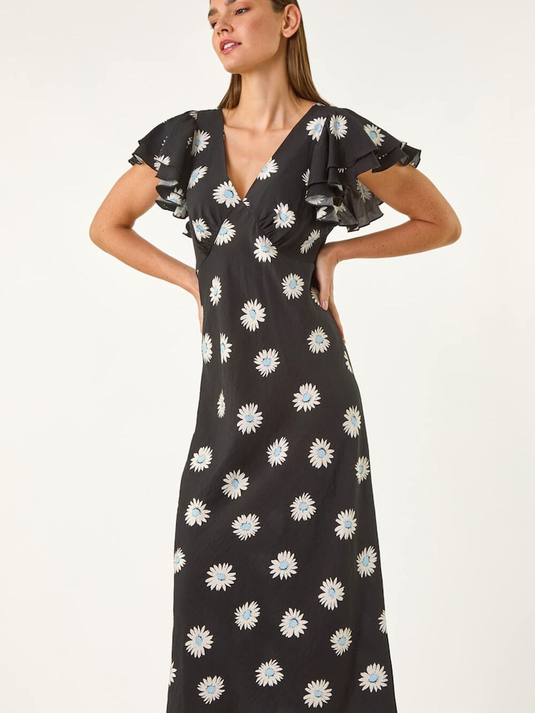 Roman Black Floral Print Frill Midi Dress - Image 2 of 5