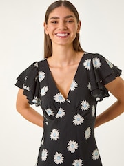 Roman Black Floral Print Frill Midi Dress - Image 4 of 5
