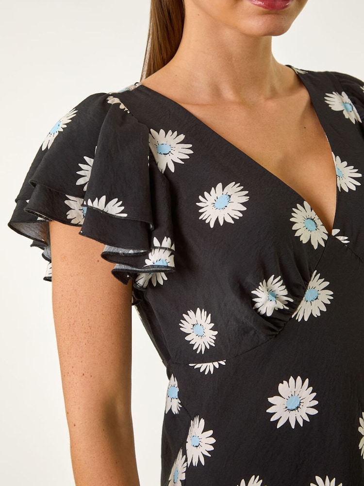 Roman Black Floral Print Frill Midi Dress - Image 5 of 5