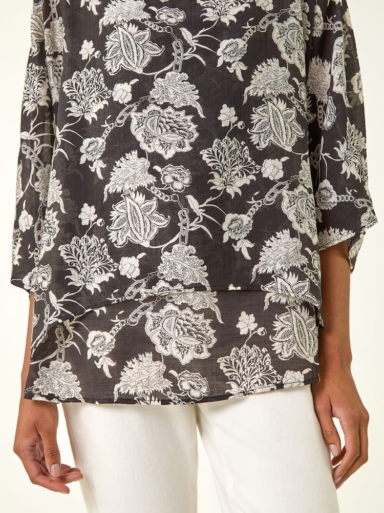 Roman Black Floral Print Double Layer Top - Image 6 of 6 Roman Black Floral Print Double Layer Top - Image 6 of 6