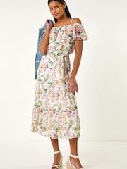 Roman White Floral Bardot Midi Dress - Image 1 of 5