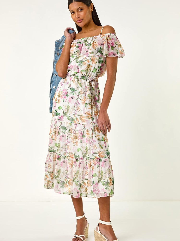 Roman White Floral Bardot Midi Dress - Image 1 of 5