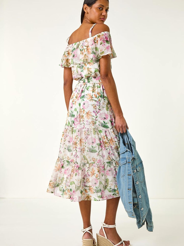 Roman White Floral Bardot Midi Dress - Image 2 of 5