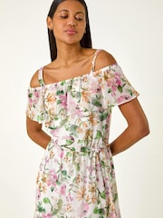 Roman White Floral Bardot Midi Dress - Image 4 of 5