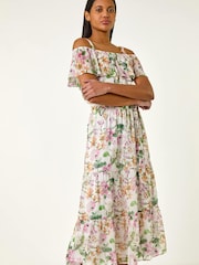 Roman White Floral Bardot Midi Dress - Image 5 of 5