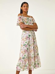 Roman White Floral Bardot Midi Dress - Image 6 of 6