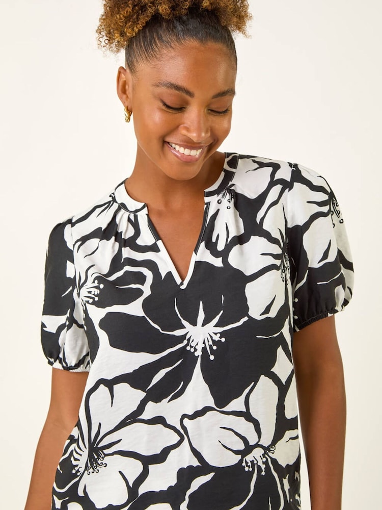 Roman Black Floral Mono Print V-Neck Top - Image 1 of 5