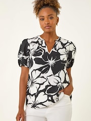 Roman Black Floral Mono Print V-Neck Top - Image 2 of 5