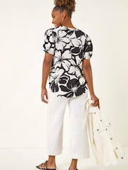 Roman Black Floral Mono Print V-Neck Top - Image 3 of 5