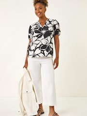 Roman Black Floral Mono Print V-Neck Top - Image 4 of 5
