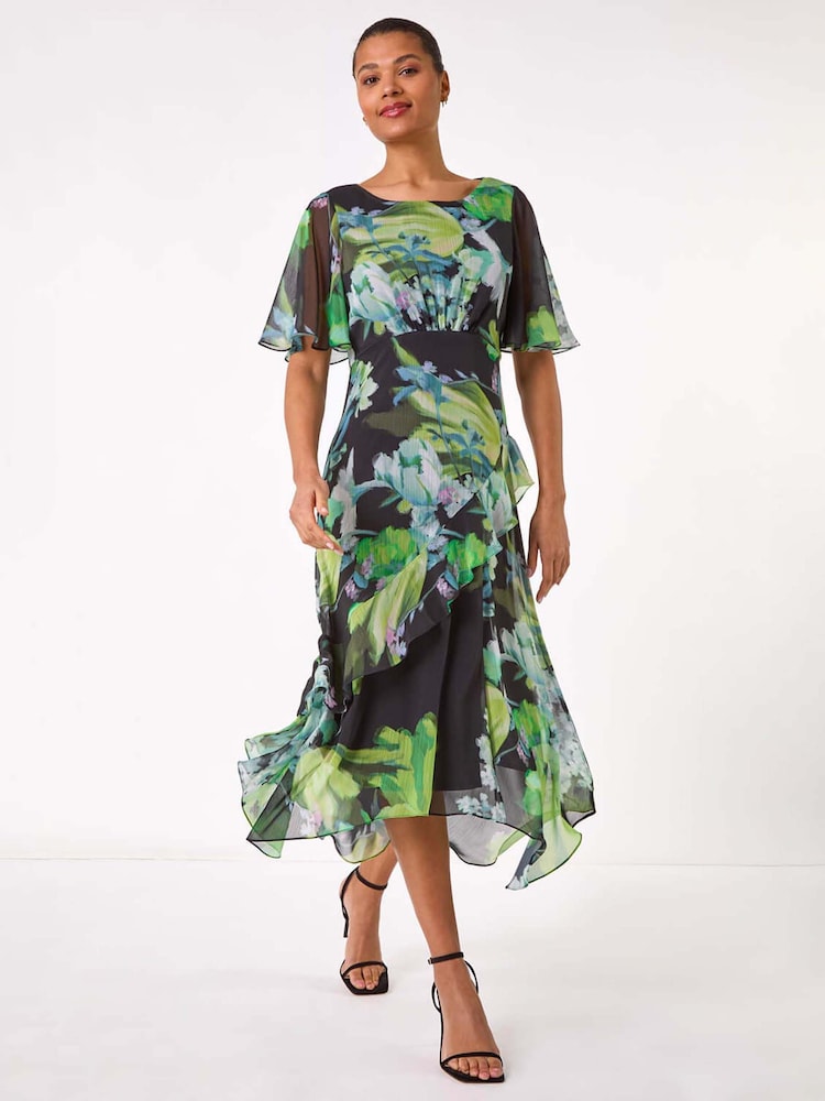 فستان مزين بنقشة زهور نباتية وكشكشة من Roman - Image 1 of 5